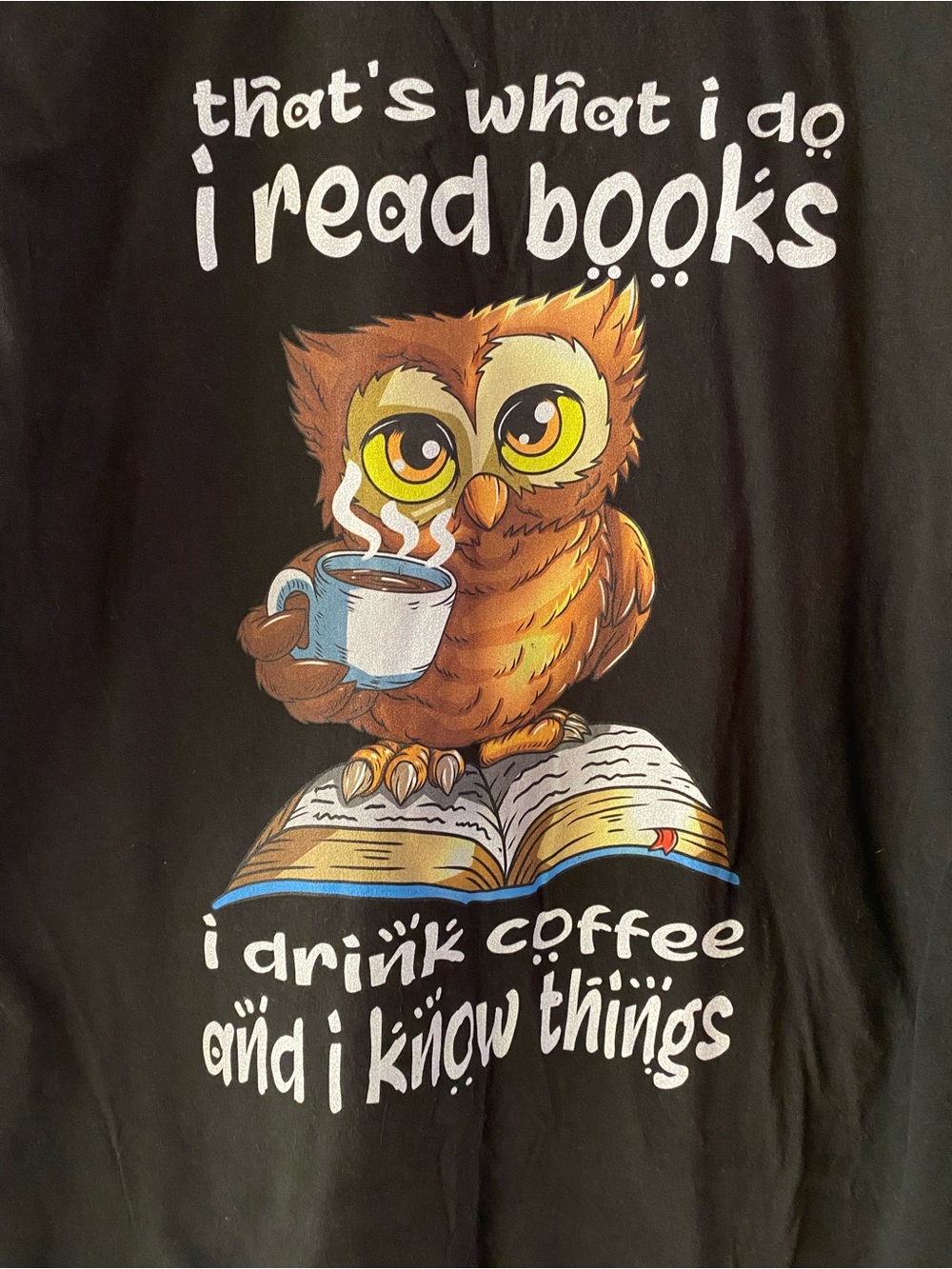 Women’s Black Graphic Tee with Owl Reading and Coffee